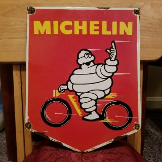 Vintage Michelin Man Motorcycle Tires Porcelain Service Station Pump Plate Sign