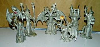 Five Les Hunter Dragons,  Wizards,  Castle,  Limited Edition Pewter Oil Lamps