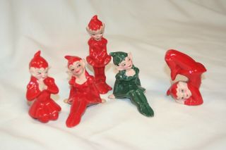 5 Vintage Green And Red Pixie Elf Figurines Red Hat,  Ceramic,  Japan