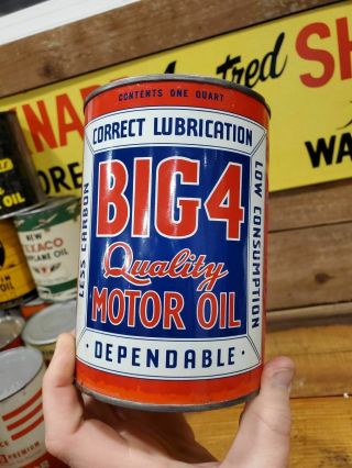 Vintage Big 4 Quality Motor Oil Can Metal Quart Full Qt