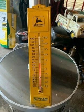 Vintage John Deere Yellow Metal Wall Thermometer 13 " Nothing Runs Like A Deere