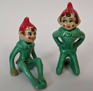 2 Vintage Green Pixie Elf Figurines Red Hat,  Ceramic,  Japan