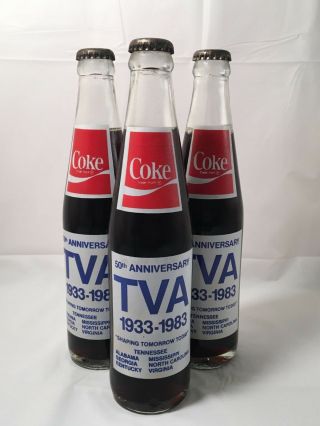 Set Of 3 - Vintage Tva Glass Coke Bottles 50 Anniversary Great Lakes South 10oz
