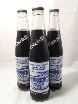 Set of 3 - Vintage TVA Glass Coke Bottles 50 Anniversary Great Lakes South 10oz 2