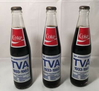 Set of 3 - Vintage TVA Glass Coke Bottles 50 Anniversary Great Lakes South 10oz 3