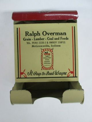 Vintage,  Advertising Tin Match Holder,  Wayne Feed,  Ralph Overman Grain
