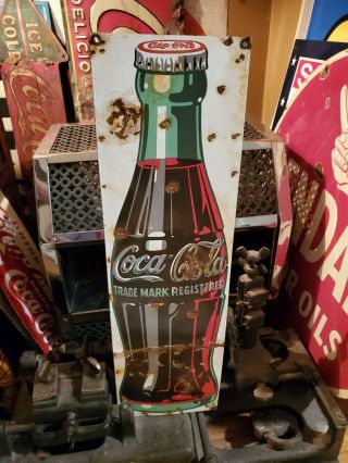 Vintage Porcelain Metal Coca - Cola Bottle Sign Country Store Soda Gas Oil