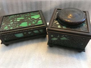 Antique Tiffany Studios Ny 845 Bronze & Glass Inkwell And Stamp Box