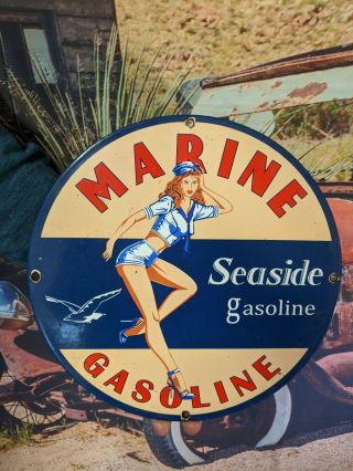 Old Vintage Marine Seaside Gasoline & Oil Porcelain Gas Pump Advertising Sign