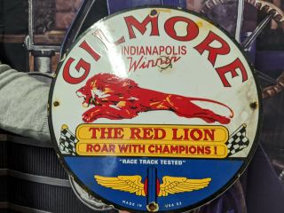 Old 1952 Gilmore Gasoline " The Red Lion " Porcelain Service Gas Station Pump Sign