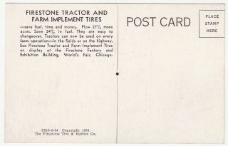Advertising Postcard - Firestone Farm TRACTOR Tires - 1934 World ' s Fair 2