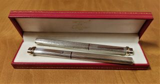 Cartier Must Vendome Silver Godron And Brushed Finish Set Fountain Pen & R.  Ball