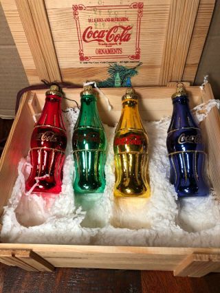 Polonaise Coca - Cola 4 Bottles Christmas Glass Ornaments Wood Crate Poland 1998
