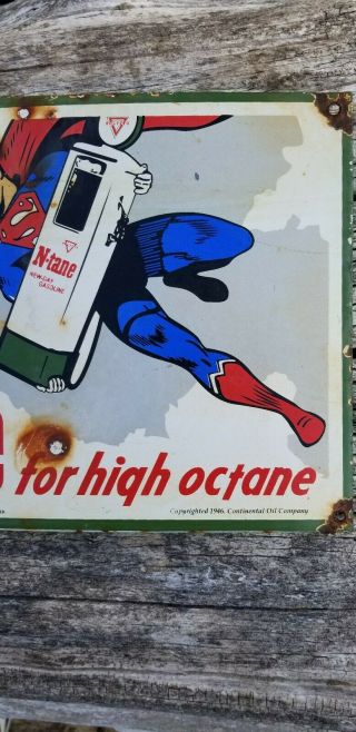 RARE OLD VINTAGE 1946 CONOCO N TANE PORCELAIN SIGN SUPERMAN DC MARVEL COMIC BOOK 3