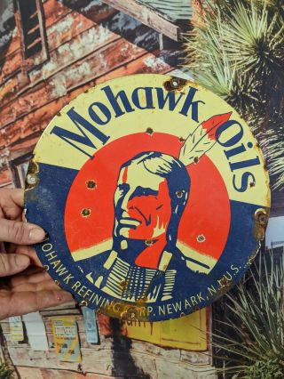 Vintage 1951 Mohawk Oils Gasoline Porcelain Enamel Gas Pump Sign Indian Chief