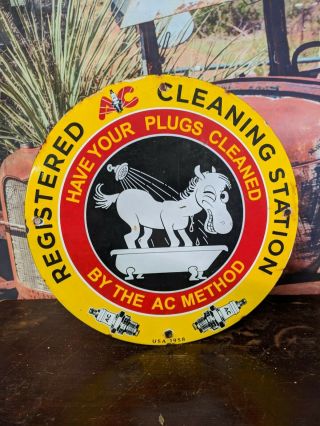 Old Vintage 1958 Ac Spark Plugs Porcelain Gas Pump Sign Registered Cleaning
