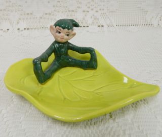 Vtg 1950s Gilner? Ceramic Elf Pixie On Leaf Trinket Or Candy Dish Ashtray Retro