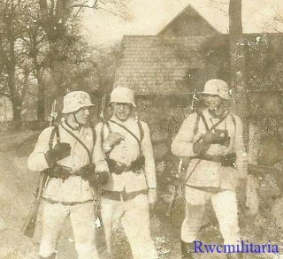 Winter Warriors Trio Wehrmacht Riflemen In Full Snow Camo Walking On Road