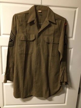 Wwii First Sergeant Khaki Wool Shirt With Chevrons Rainbow Division Patch
