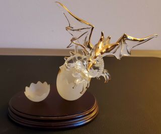 Vintage Blown Glass Dragon Figurine Gold Clear Wood Base