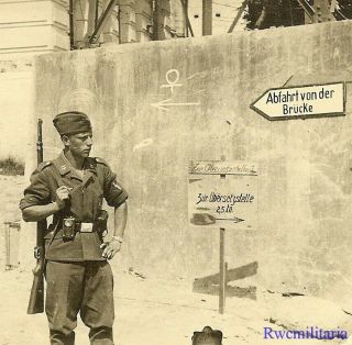 Port.  Photo: Occupation Luftwaffe Rifleman On Street By Signs; Pleskau,  Russia