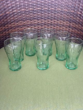 Vintage Set Of Fourteen Small Coca Cola Glasses - 14 Green Coke Tumblers