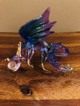 Blue Dragon Figurine Art Hand Blown Fantasy Animal Glass Mini Collect Home