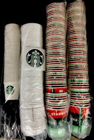 Starbucks Xmas Christmas Disposable Paper 8oz Short 110 Cups & Lids & 4oz Sbux