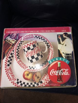 Vintage 1996 Gibson Coca Cola 12 Piece Dinnerware Set Diner/checker Pattern Nib