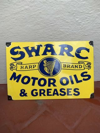 Vintage Old Swarc Motor Porcelain Sign Gas Oil Greases Harp Service Pump Plate