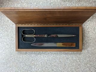 Vintage Solingen Germany Desk Set Scissors & Letter Opener In Wood Box