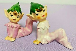 Vintage Pink Pixie Elf Ceramic Figurine Green Hat Pointed Ears Japan