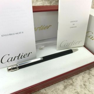 Cartier Ballpoint Pen Santos Black Lacquer Platinum Finish W/box&papers