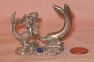 Fine Pewter Mermaid With Dolphin & Crystal Ball; By Spoontiques Hm1632