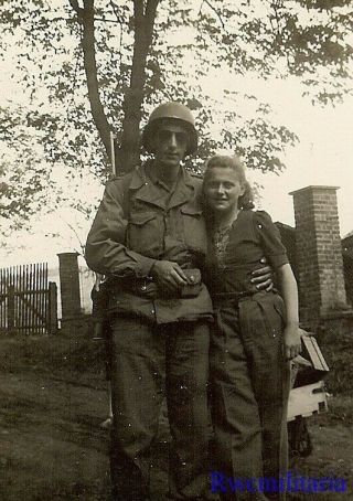 Fraternization Us Army Soldier Posed W/ Cute Girl On Road; Germany 1945