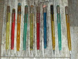 10 Vintage Scripto Translucent Spiral Pencils Aqua Yellow Red Atlanta Etc