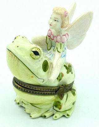 Signed Studio Usa Fairy On Frog Enamel Trinket Box
