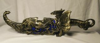 Blue Fantasy Dragon Knife / Dagger With Sheath,  16 Inches Long,  Dragon Has Wings