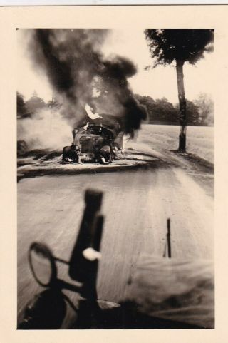Wwii Snapshot Photo Passing Burning German Fuel Gas Tank Truck Eto 59