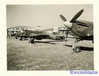 Org.  Photo: British Raf Hurricane Fighter Planes Parked By Hangars On Airfield