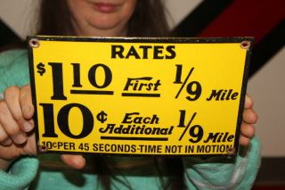 Taxi Cab Rates Fare Price Yellow Checker Cab Gas Oil Porcelain Metal Sign