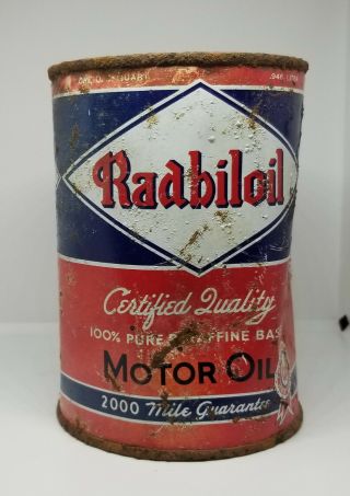1930s Radbiloil 100 Paraffine Base One Quart Motor Oil Tin Can Philadelphia