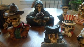 Skull Figurines Grim Reaper,  Elvis,  Bride & Groom,  Confederate & Union Soldier.