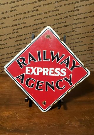 Railway Express Agency Porcelain Sign Vintage Horse Wagon Railroad Train