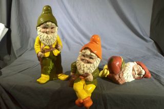 3 Garden Gnome,  Elf,  Trolls Sitting,  Standing Sleeping Hand Painted 1960 