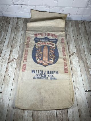 True Vtg Seed Corn King Walter Harpel’s Hybrids Company Indiana Feed Sack Bag