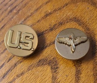 Early Ww2 Us Army Air Force Enlisted Collar Brass Insignia Disc Wings Screwbacks