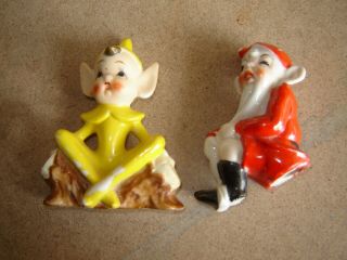 Vintage Ceramic Pixies Set Of 2 Made In Japan Gnome Elves Paint Loss
