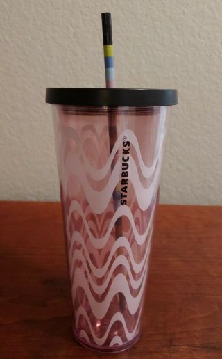 Starbucks Pink Wavy Stripe Venti 24oz Tumbler W/ Black Lid Multicolor Straw Rare