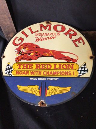 Vintage Gilmore Gasoline Porcelain Gas Service Station Pump Motor Oil Lion Sign